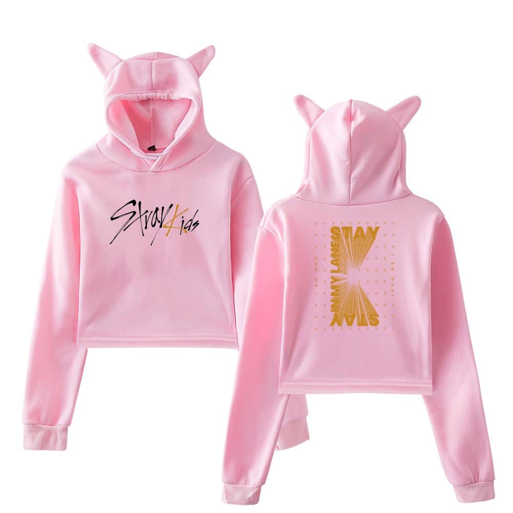 Kpop merch hoodie with playful bunny ears and glow-in-the-dark text design.