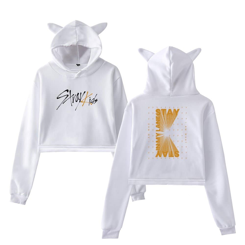 Stylish white hoodie with "Stay" and "Stray Kids" graphic designs featuring animal horn details. Perfect for K-pop fans and merch collectors.