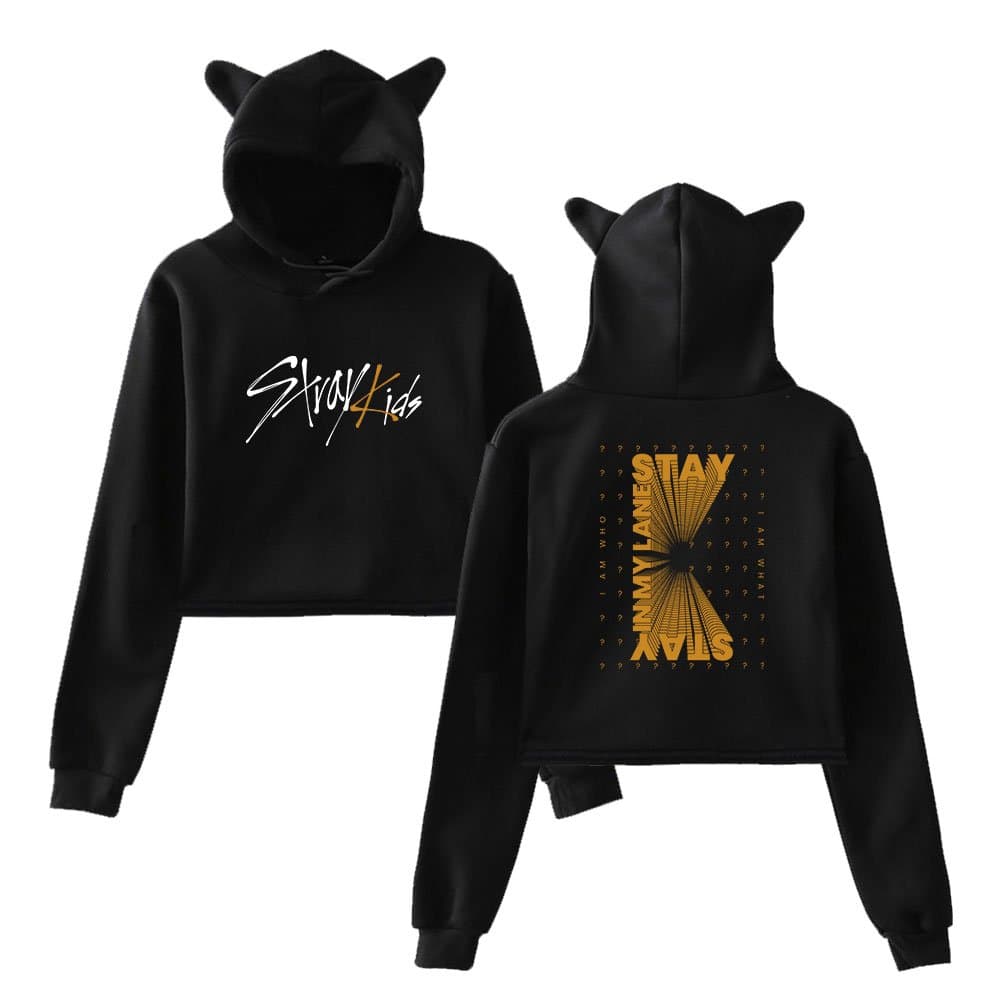 Cute black hoodies with cat ear hoods, perfect for K-pop fans, featuring stylish designs and bold lettering.