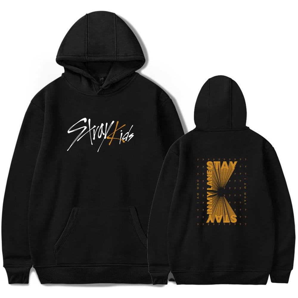 Stylish black hoodie featuring K-pop merch with "Stray Kids" text design on the front and back. Perfect for fans and casual wear.