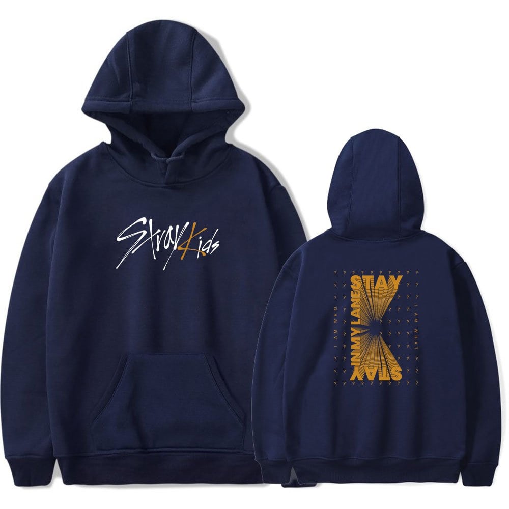 Stripy navy hoodie with "Stray Kids" front and back graphic design, perfect for K-pop fans.