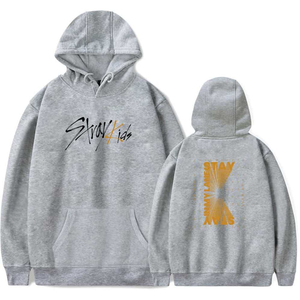 Stylish gray hoodie with "STAY" logo and graphic design, perfect for K-pop fans and merchandise collectors.
