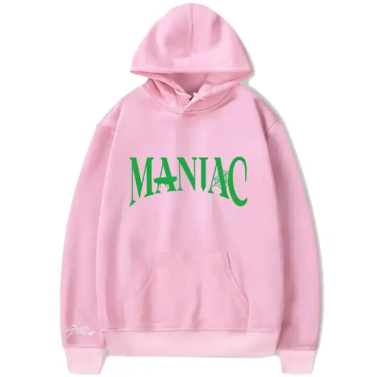 Maniac hoodie with green text and Eiffel Tower design, perfect for K-pop fans and merchandise collectors.