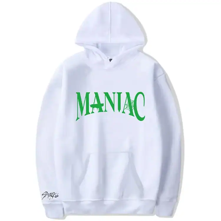 MANIAC hoodie with bold green text and spider design, perfect for K-pop fans and merchandise collectors.