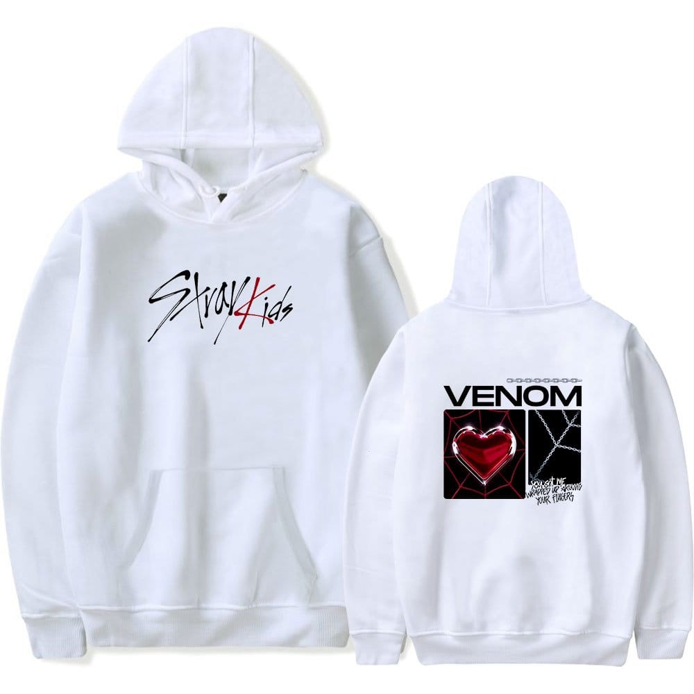 Graphic white hoodie featuring "Stray Kids" logo on the front and "Venom" design with a red heart on the back for K-pop fans.