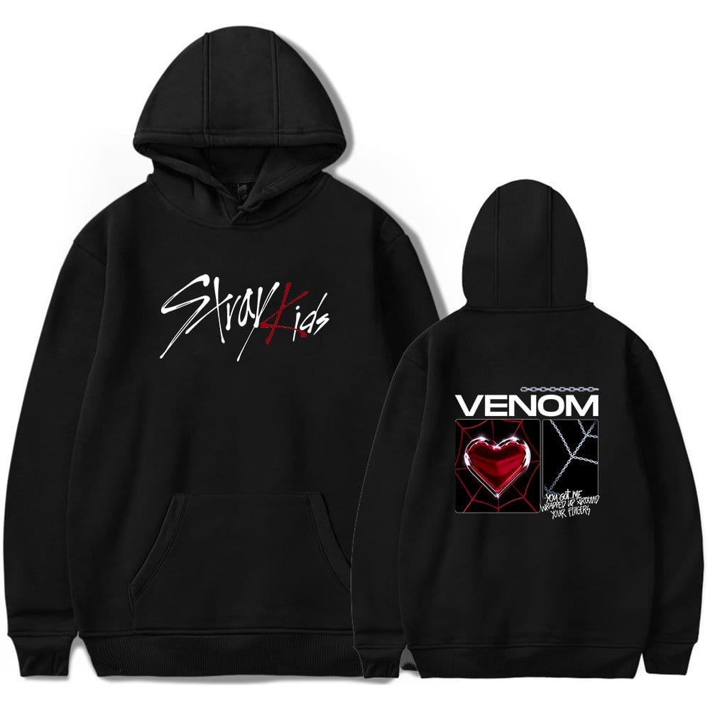 Stylish black hoodie featuring SKZ KIDS and Venom-themed neon graphic print, perfect for Kpop fans and merchandise collectors.