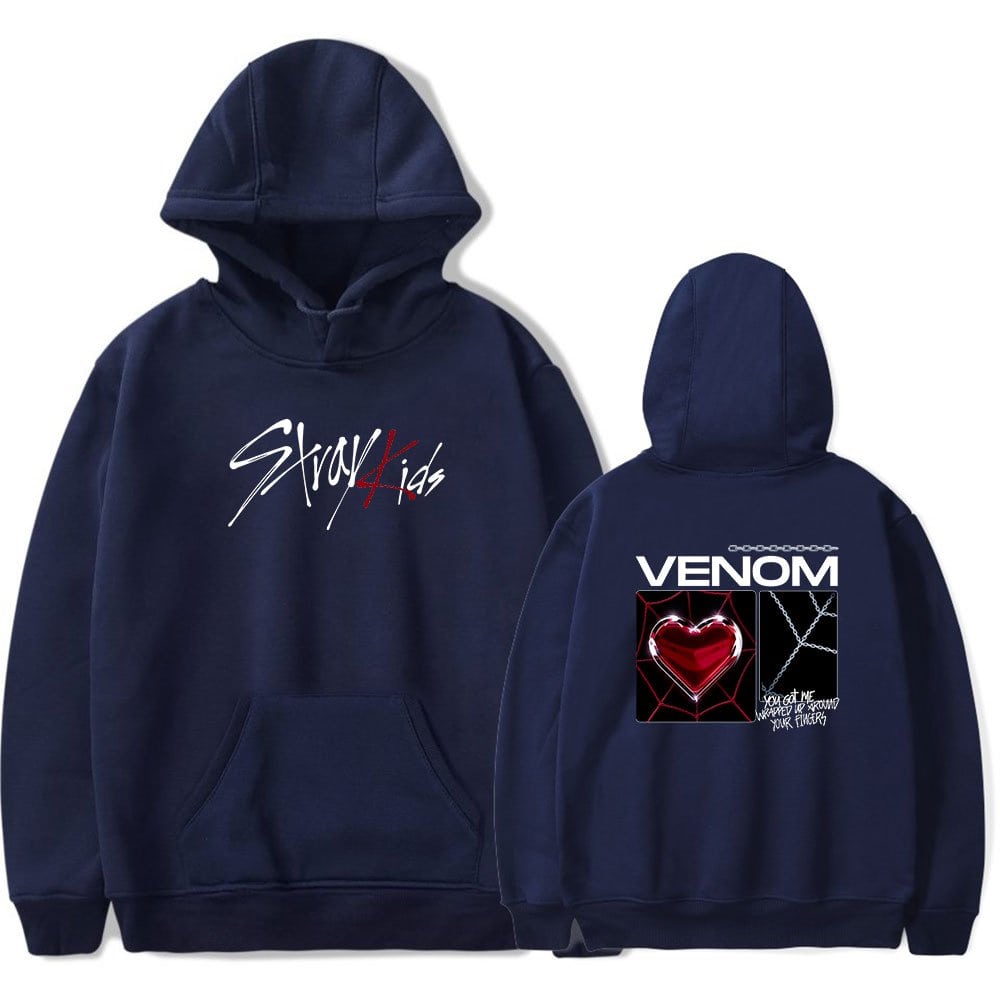 Comfy navy blue hoodie featuring GwarKIDS and Venom band graphics, perfect for K-pop merch fans and music lovers.