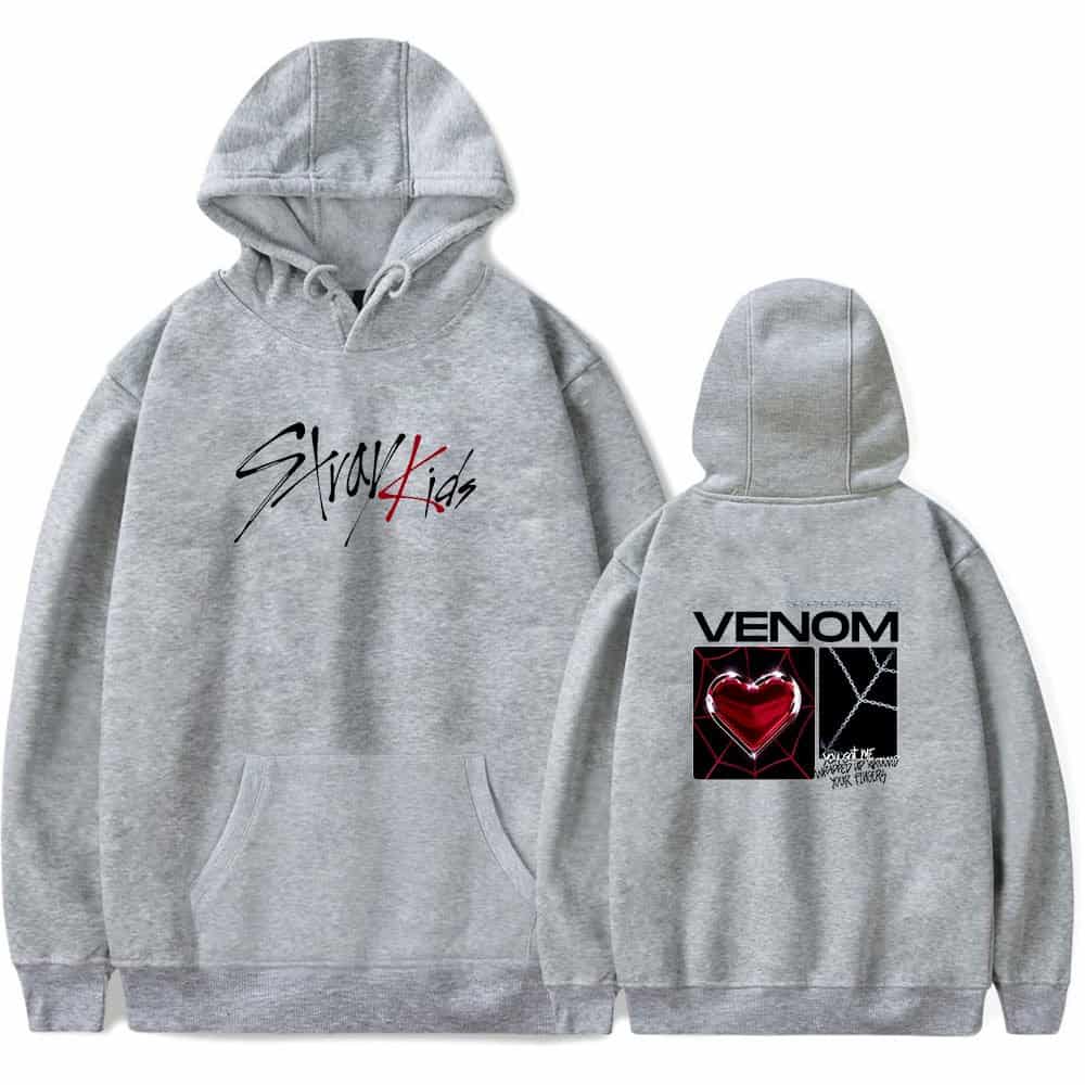 Stylish gray hoodie with "Stray Kids" logo on front and "Venom" themed graphic on back, perfect for K-pop fans and merch collection.