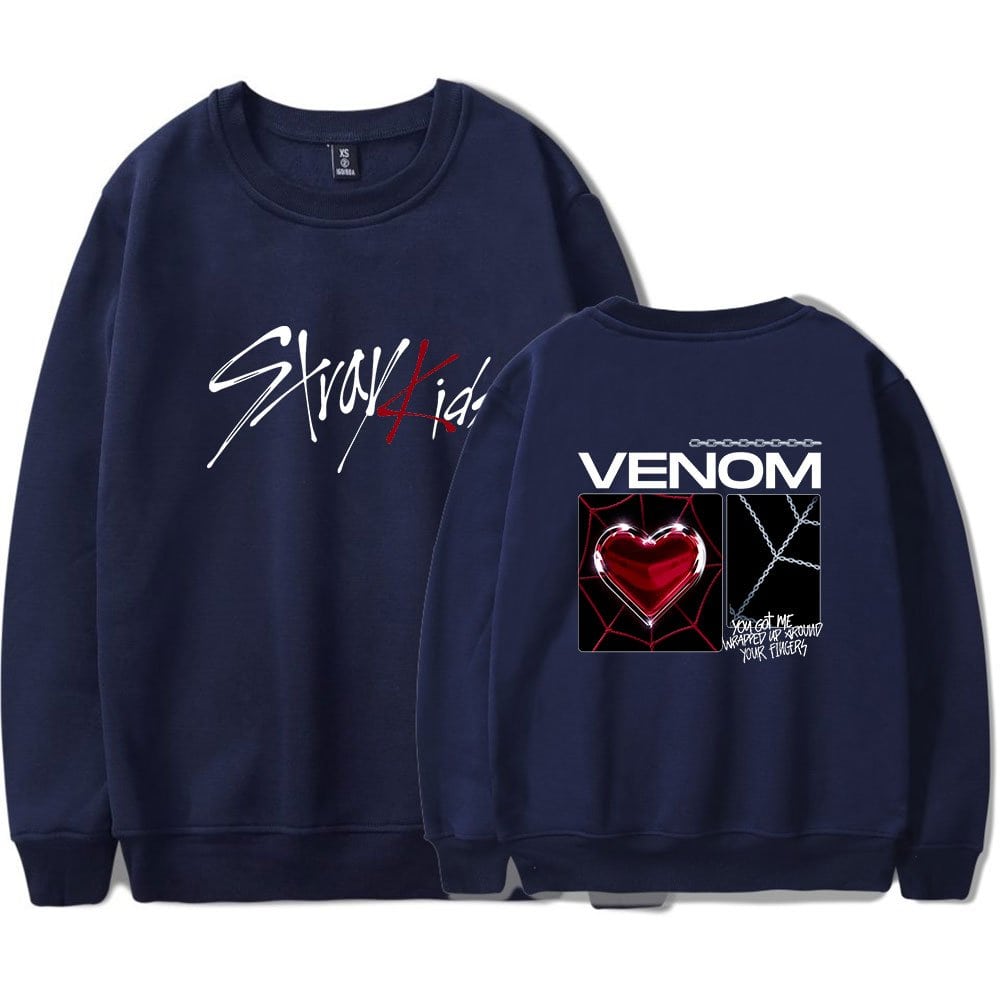 Blue K-pop hoodie featuring "Stray Kids" and "Venom" graphics. Perfect for fans of K-pop merch and music-inspired streetwear. Comfy, stylish, and must-have for collectors.