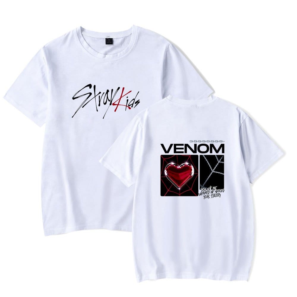 Stray Kids and Venom graphic T-shirts pair stylishly for K-pop merch fans.